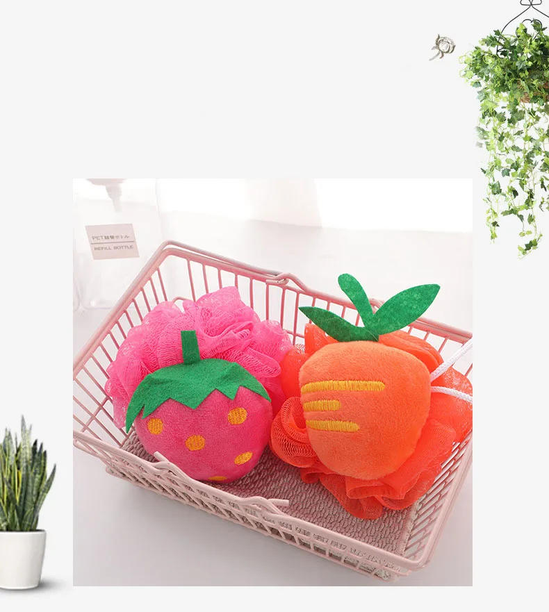 Description Picture 2 of itemCartoon Fruit Bath Ball Sponge for Body Shower Bath Balls Scrub Brush Cleaning Body Skin Care Exfoliants  Accessories Strawberry