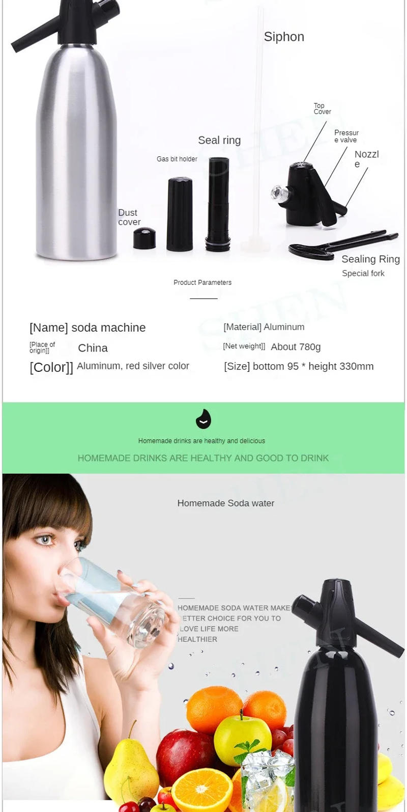 Description Picture 3 of itemProfessional Soda Water Siphon 1L Aluminum CO2 Sparkle Soda Maker Bar Tools