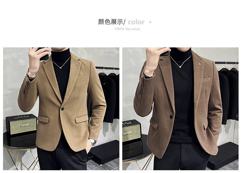Description Picture 3 of itemPremium Brand Men's Winter Coat Fashion Dark Woolen Blazers Men New Fall/winter Thickened Suit Jacket Slim Casual Tuxedo for Men