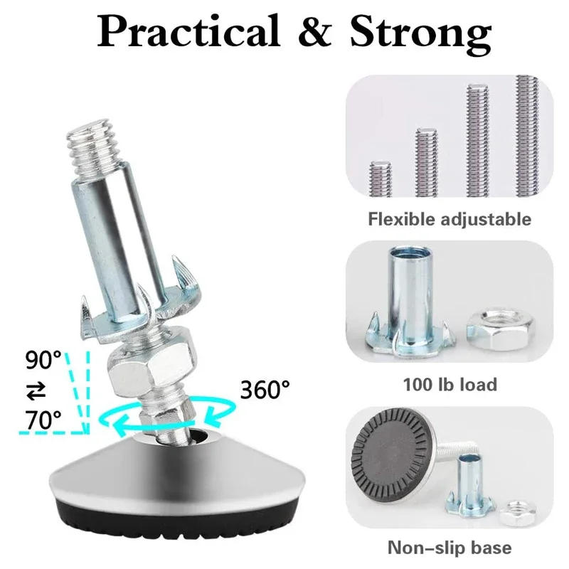 Description Picture 3 of item4Pcs/Set 50mm Swivel Adjustable Leveling Feet, Furniture Leveler Foot with T Nut Bolt, Screw On Cabinet Table Workbench Chair