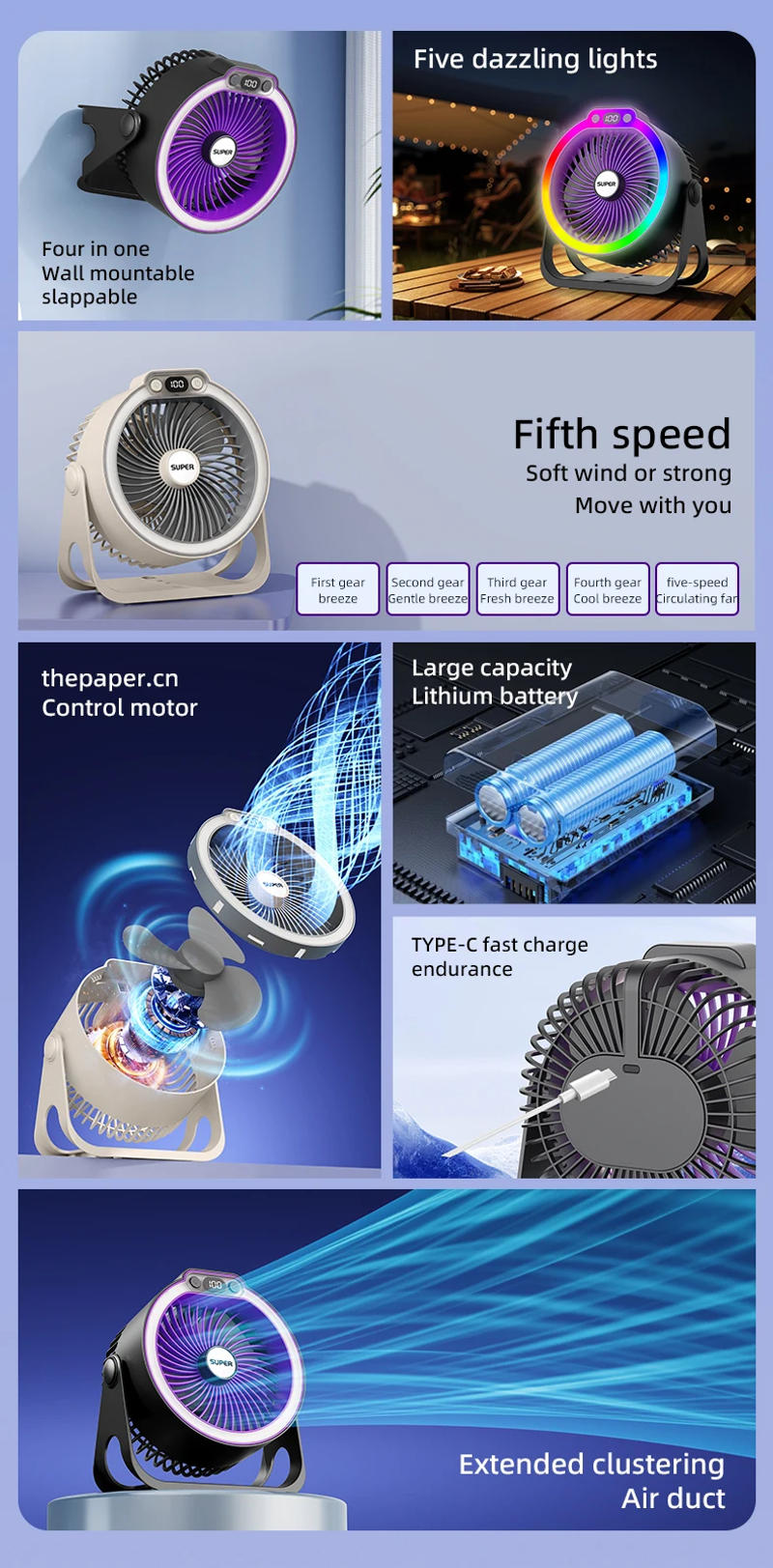 Description Picture 3 of itemK8 air light circulation fan with 5 levels of wind speed and light adjustment, USB silent, bedroom, camping, multi-purpose