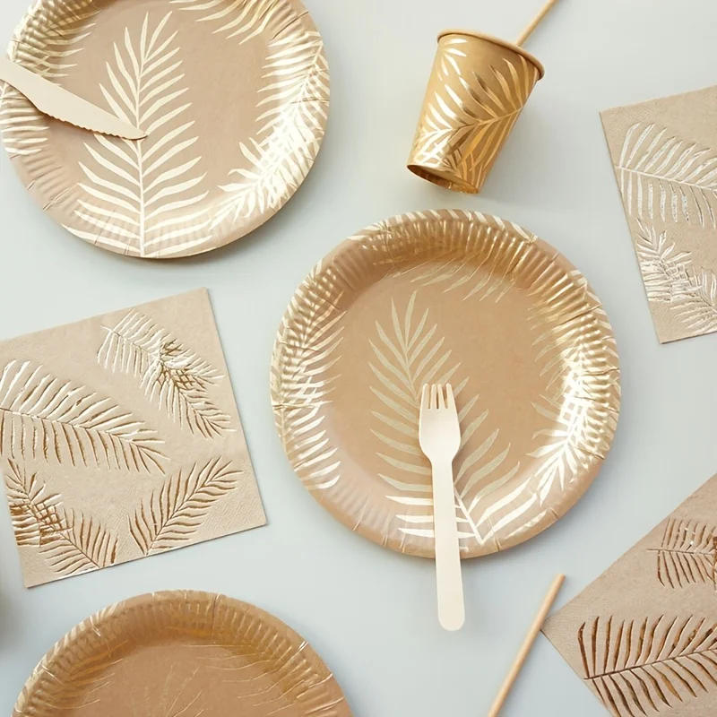 Description Picture 6 of itemDisposable Kraft Paper Tableware Set Golden Colored Palm Leaf Pattern Plate Cup Towel Straw Party Decor Wedding Birthday Cutlery