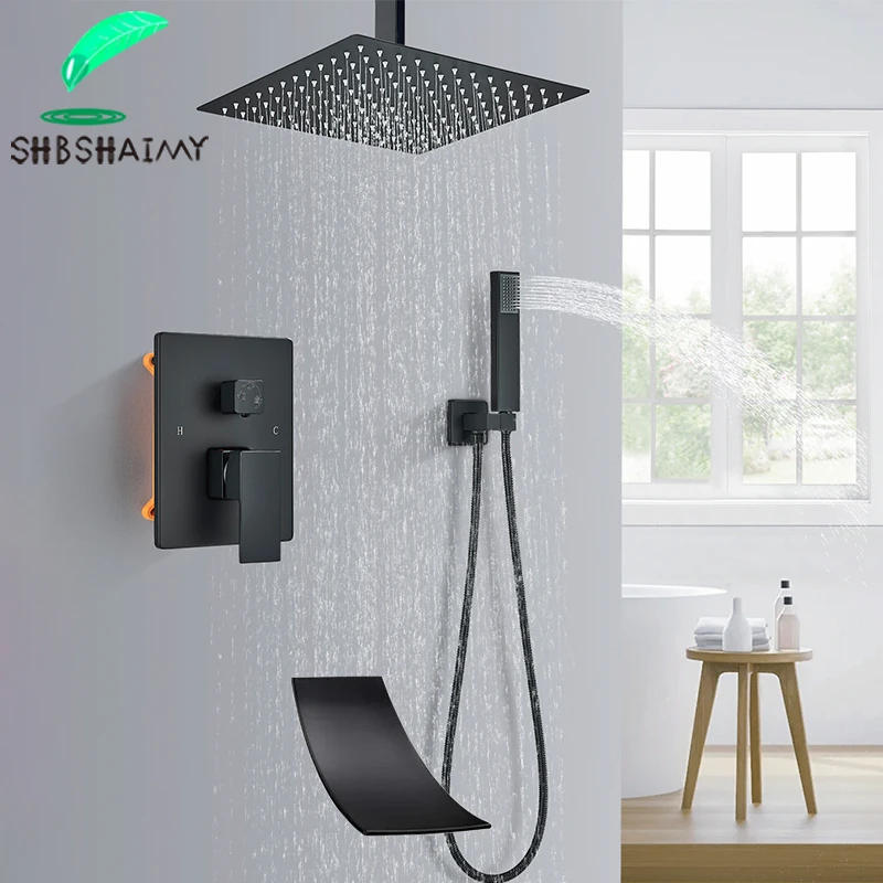 Description Picture 2 of itemBlack Ceiling Installation Bathroom Shower Faucet Rainfall Shower  Hot Cold Water Mixer Tap Embedded Box Shower Combo Set