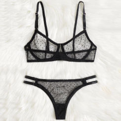 Mesh Underwire Lingerie Set See-Through Lace Lady Two-Piece Underwear Solid Dot Print Sexy Bras Set комплект женского белья