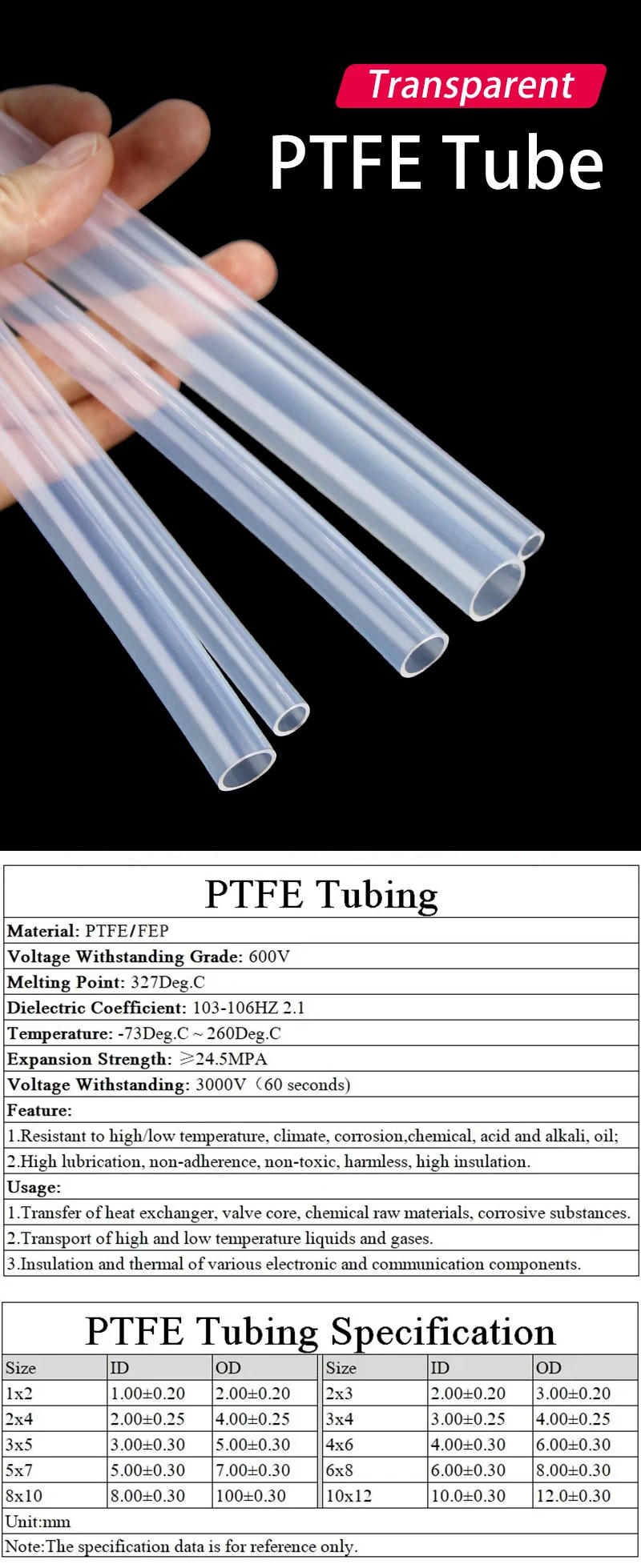 Description Picture 2 of item1~10m PTFE Tube FEP Insulated Hose ID 0.5 1 2 2.5 3 4 5 6 7 8 10 mm Transparent  Extruder J-head Rigid Pipe For 3D Printer Parts