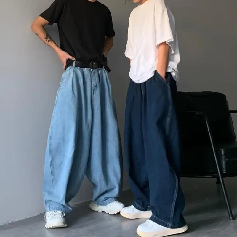 Description Picture 3 of itemMid-rise Elastic Waistband Men Jeans Pockets Solid Color Hip Hop Oversize Wide Leg Denim Pants Streetwear