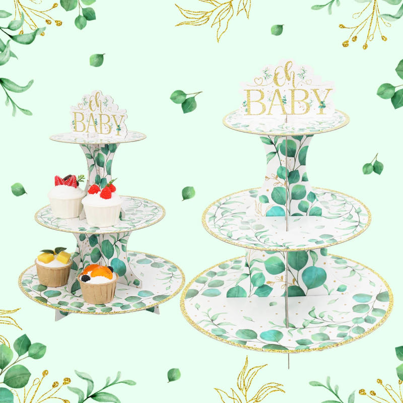 Description Picture 4 of itemGolden Edged Green Leaf Paper Cake Stand Birthday Party Decoration Kids Baby Shower Reveals Gender Party Supplies Cake Decor