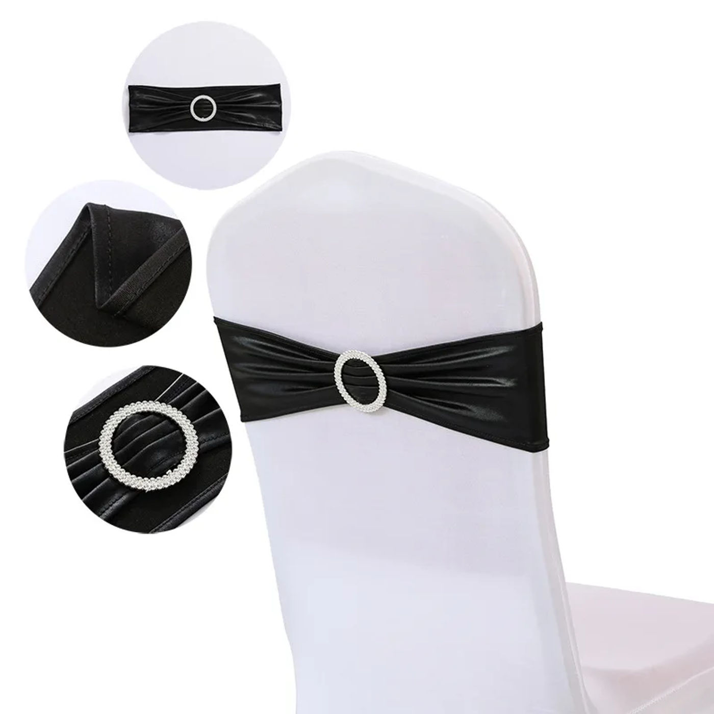 Description Picture 6 of item10/50/100Pcs Spandex Elastic Chair Sashes Band With Buckle for Wedding Banquet Party Decor Metallic Gold Silver Chair Knot Bows