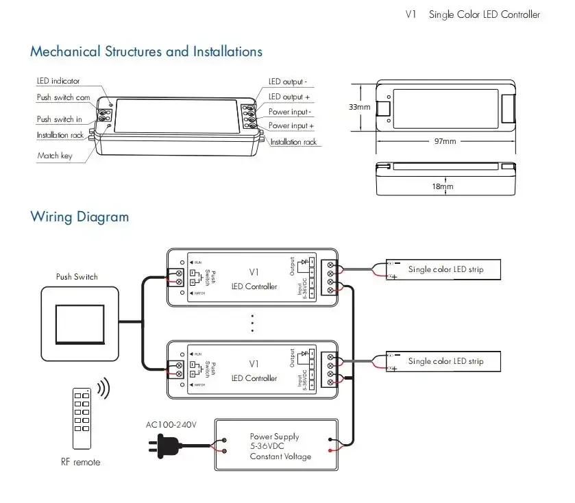 Description Picture 4 of itemV3 VP V5-M RGBW RGB+CCT RGB Controller 12V CV RF 2.4G For 1/2/3/4CH Led Strip Light DC12-24V V1 V2 Single Color CCT LED Dimmer