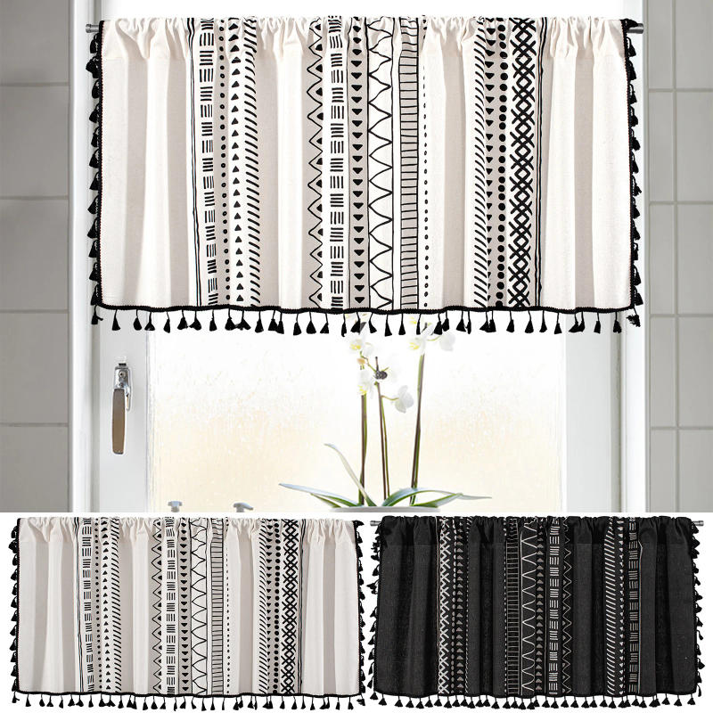 Description Picture 2 of itemVintage Bohemian Voile Window Curtain Tassel Valance Boho Short Sheer Curtain Rod Pocket Drapes for Kitchen Living Room Bedroom