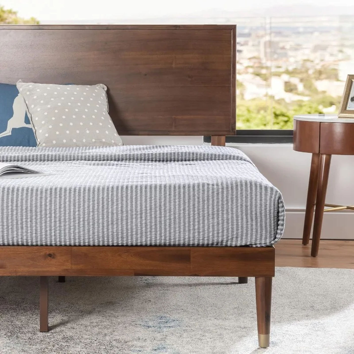 Description Picture 4 of itemRaymond Wood Platform Bed Frame with Adjustable Wood Headboard Solid Wood Foundation No Box Spring Needed Easy Assembly Queen