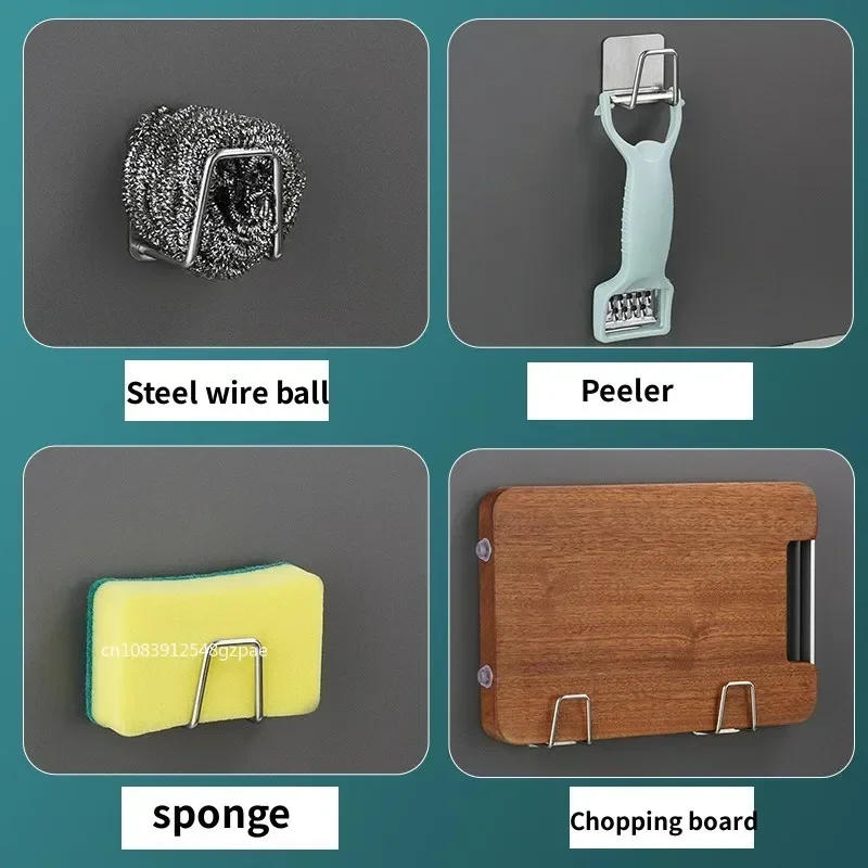 Description Picture 6 of itemKitchen Stainless Steel Sink Sponges Holder Self Adhesive Drain Drying Rack Kitchen Wall Hooks Accessories Storage Organizer 1/6