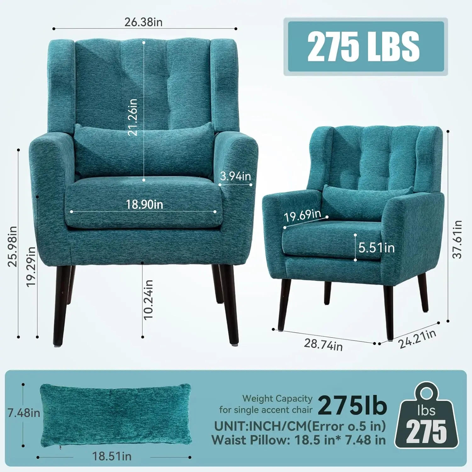 Description Picture 3 of itemAccent Chair Set of 2, Upholstered Armchair with Pillow, Fabric Single Sofa Chair with Lounge Seat and Wood Legs Accent Chair