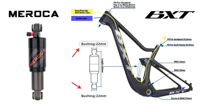 Description Picture 6 of itemMEROCA Mountain Bike Air Shock Absorber 125mm/150mm/165mm/190mm/200mm Scooter Alloy MTB Folding Bicycle Rear Shock Cycling Parts