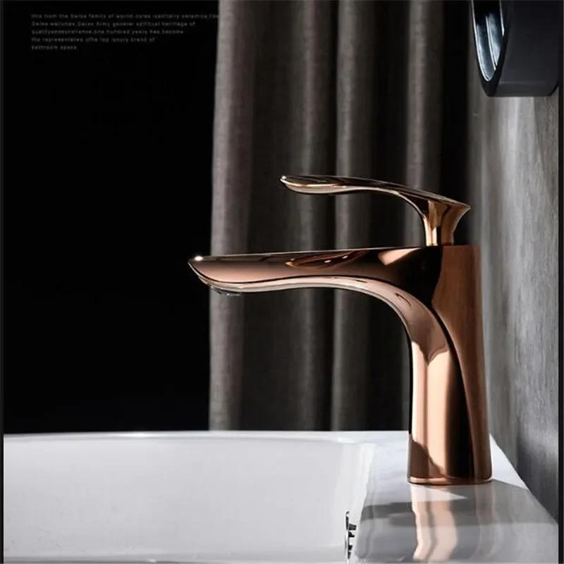 Description Picture 6 of itemRose Gold Bathroom Faucets Brief Basin Faucet Sink Mixer Hot & Cold Deck Mounted Lavatory Crane Water Tap