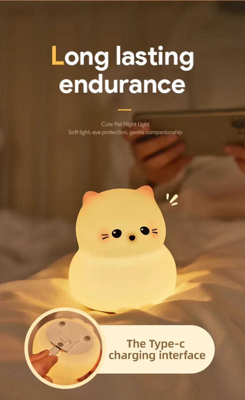 Description Picture 6 of itemCute Animal Night Light USB Rechargeable Silicone Patting Bedside Nightlights For Kids Birthday Gifts Bedroom Decor Lighting