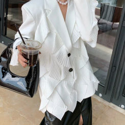 DEAT 2024 Autumn Women's Blazer New Fashion Notched Loose Single Breasted Spliced Ruffles Long Sleeve Suit Jackets Female 17A654