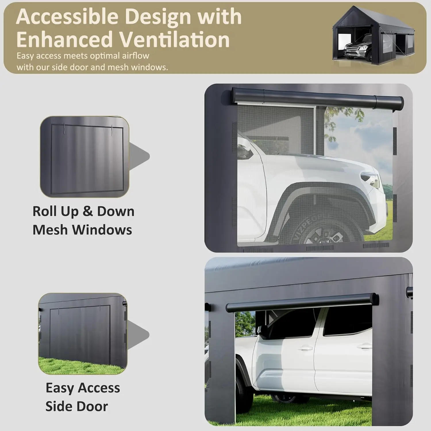 Description Picture 5 of itemCarport, 12' X 20' Heavy Duty Portable Garage, Carport Canopy with Side-Opening Door & Roll-Up Windows, Car Canopy Outdoor Black