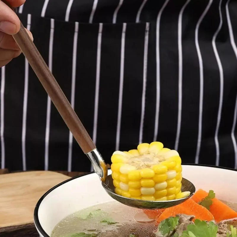 Description Picture 5 of itemNew Japanese Style Soup Spoon Long Wood Handle Portable Slotted Spoon Cooking Stainless Steel Skimmer