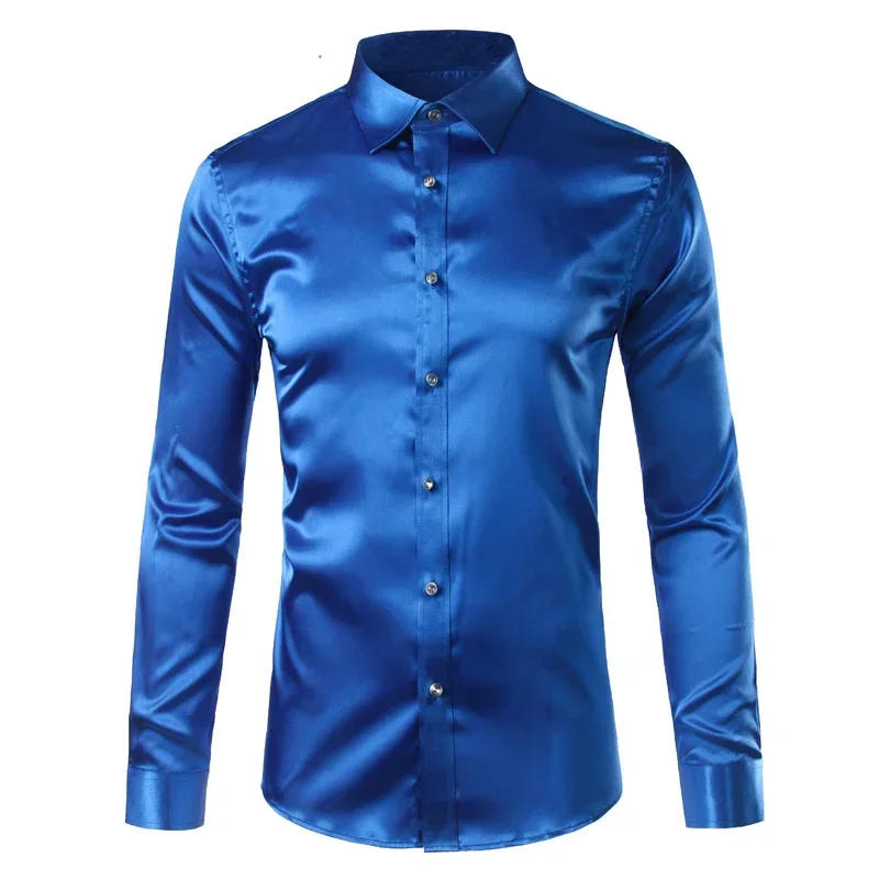 Description Picture 6 of itemLuxury Shirt Men Silk Satin Smooth Mens Dress Shirts Casual Button Down Suit Shirts Party Ball Wedding Camisa Masculina M-XXXL