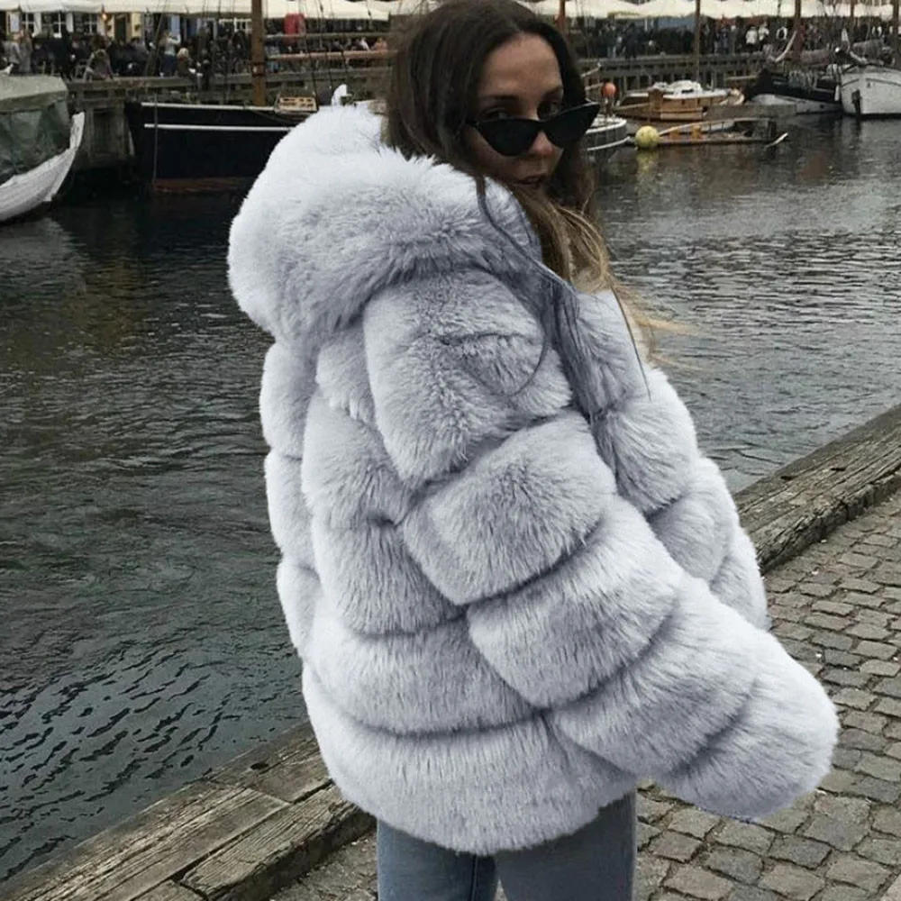 Description Picture 6 of itemShort Coat Women Fox Faux Fur Coats Hooded Zipper Full Sleeve Thick Warm Elegant Splice Casual Autumn Winter Open Stitch