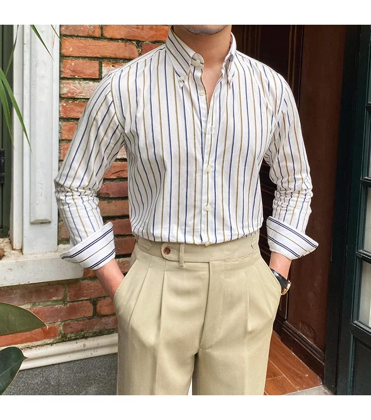 Description Picture 4 of itemSummer Men Color Contrast Striped Shirt Long Sleeve Slim Hairstylist Shirts Men Office Tuxedo Stripe Shirt Social Herren Hemd