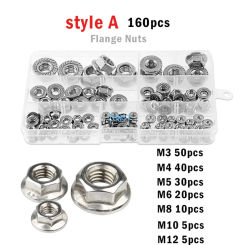105/100pcs Flange Nut Set M3 M4 M5 M6 M8 M10 M12 Hexagon 304 Stainless Steel Serrated Spinlock Flange Lock Nuts Assortment Kit