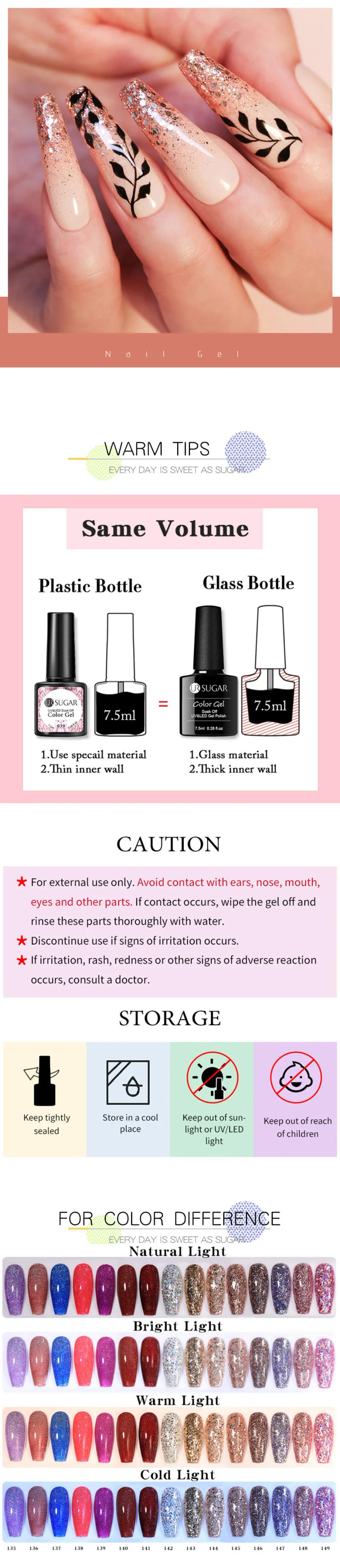 Description Picture 6 of itemUR SUGAR 7.5ml Rose Glitter Solid Color Gel Nail Polish Jelly Nude Pink Semi Permanent DIY Nail Art UV LED Soak Off Gel