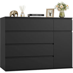 5 Drawer Dresser, Black Dresser Modern Dresser for TV Stand, Double Dresser Wide Storage Chests of Drawer with Door