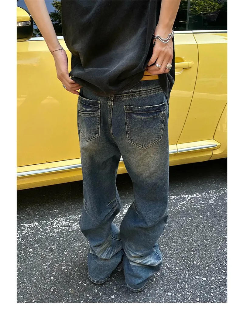 Description Picture 4 of itemWashed Distressed Pleated Straight Jeans Men's and Women's Loose Trousers