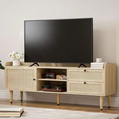 Rattan TV Stand, Mid Century Modern TV Stand with Natural Rattan Door & 2 Rattan Drawers, Modern Farmhouse Media TV Console