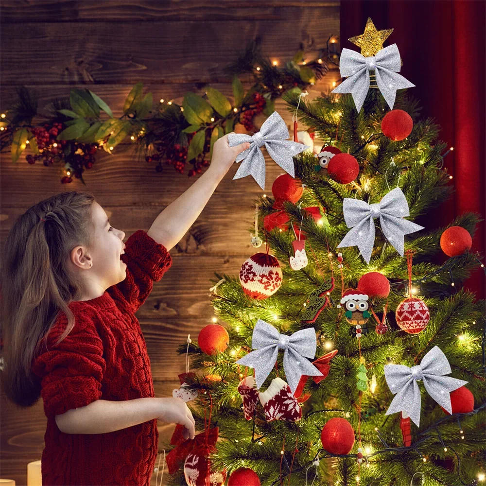 Description Picture 3 of item5pcs 14cm Sparkling Christmas Bow Decoration Xmas Tree Pendant Ornaments Home Christmas New Year Party DIY Bows Decorations