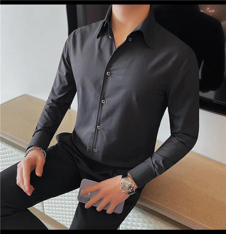 Description Picture 5 of itemClassical Solid Color Long Sleeve Shirts Men Slim Fit Casual Business Formal Shirt Social Office Streetwear Tuxedo Blouse M-3xl