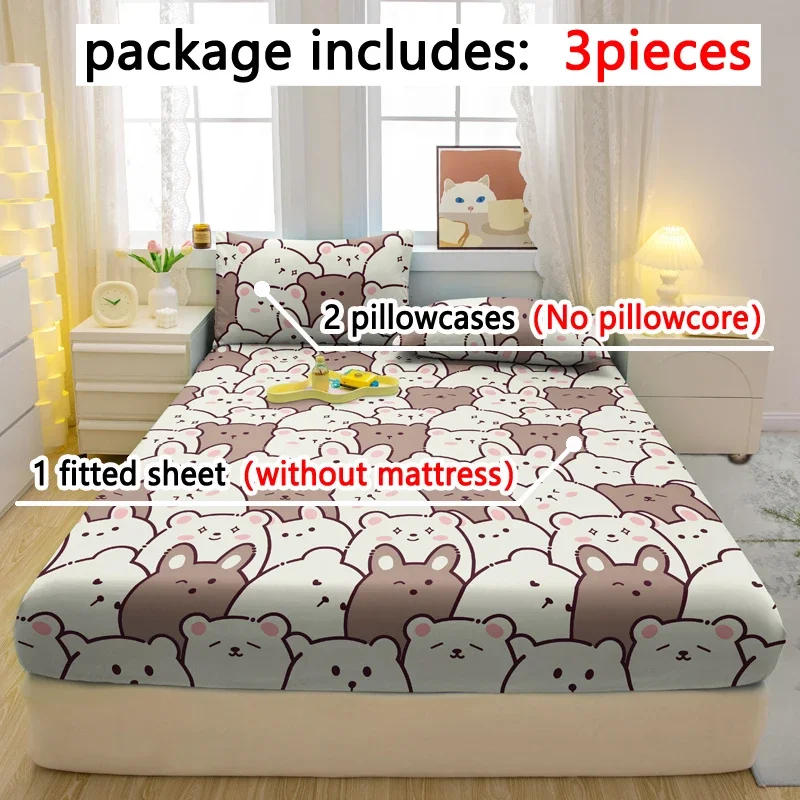 Description Picture 3 of item3-piece cartoon fun bear pattern matte three piece fitted sheet set, bedroom printed bed cover set, bedding
