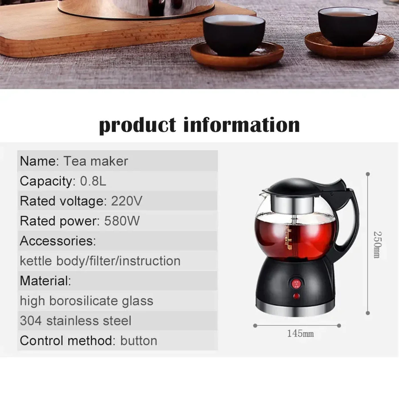 Description Picture 6 of item0.8L Household black tea maker automatic steam black teapot glass multifunctional electric kettle health pot boiling teapot