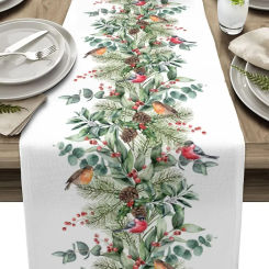 Christmas Cardinal Berry Green Plant Pine Linen Table Runner Dresser Scarves Winter Xmas Kitchen Table Runner Navidad Decoration