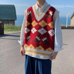 Japanese Vintageargyllknitvest Men's Sweater Loose Fit V-neck Casual Outerwear Niche Design Sensibility For Spring Autumn