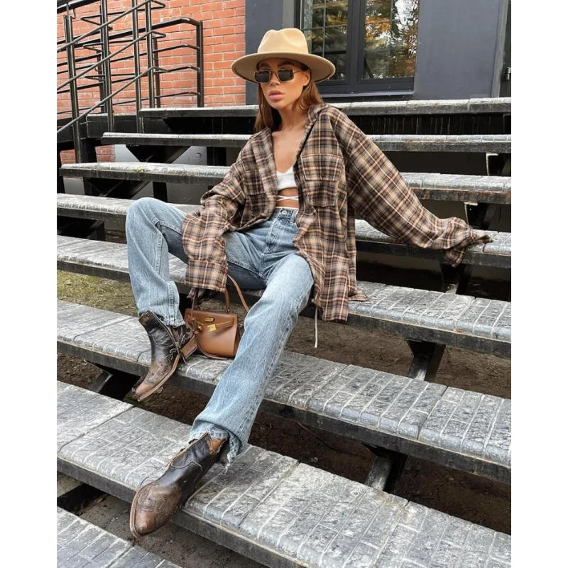 Description Picture 4 of item2024 Spring and Autumn American Retro Checkered Shirt Women's Long Style Design with Bottom Checkered Shirt Loose