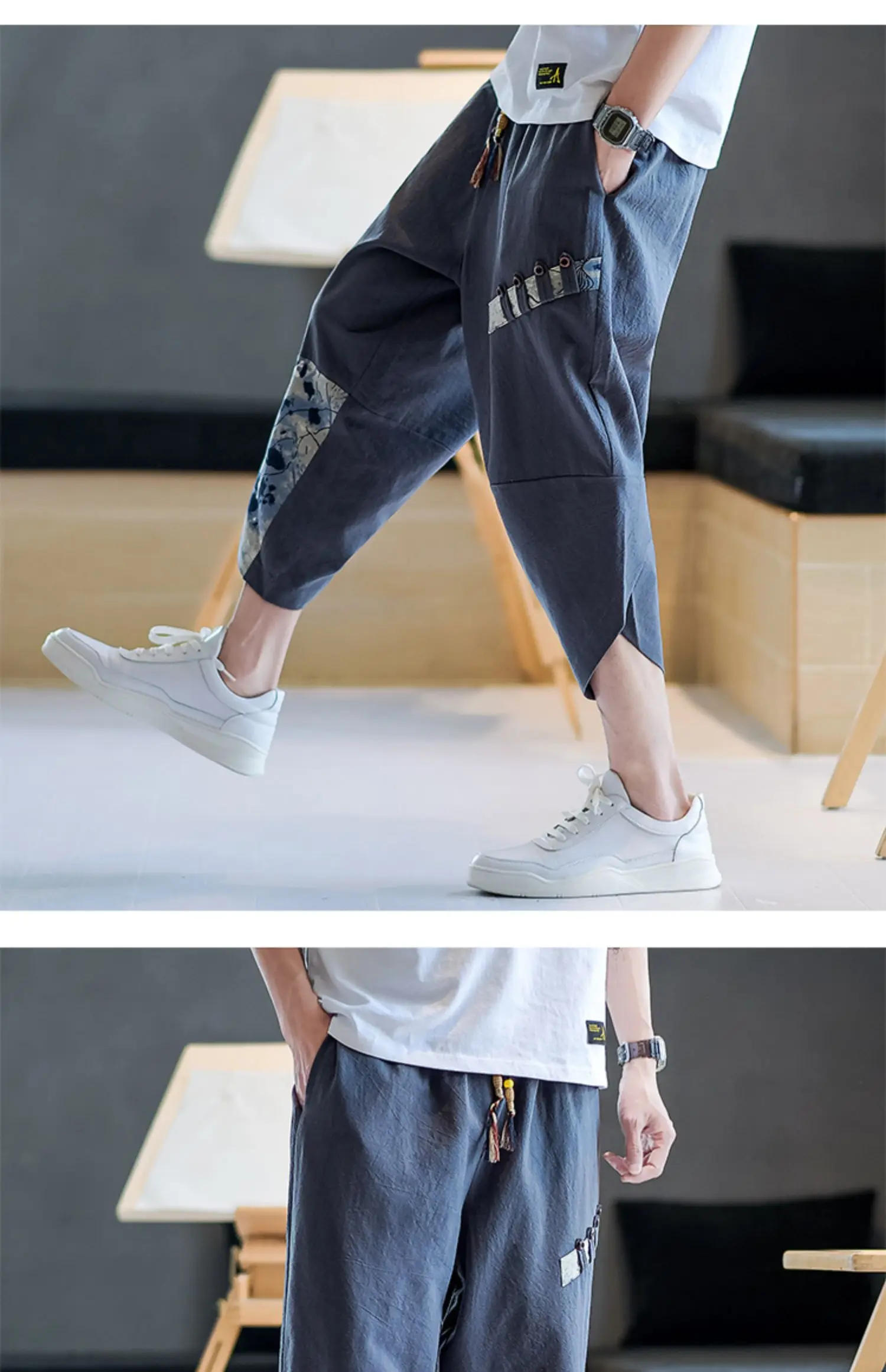 Description Picture 5 of itemJapanese Kimono Pants Men Cotton Breathable Samurai Clothing Pants Men Loose Print Retro Harem Shorts Harajuku Hip Hop trousers