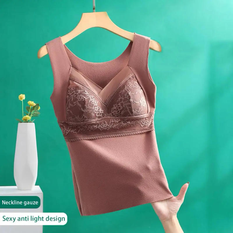 Description Picture 4 of itemDarlon Lining Bra Camisole Embroidery Lace Women Thermal Bra Seamless Push Up Chest Pads V-Neck Thermal Vest Winter Underwear