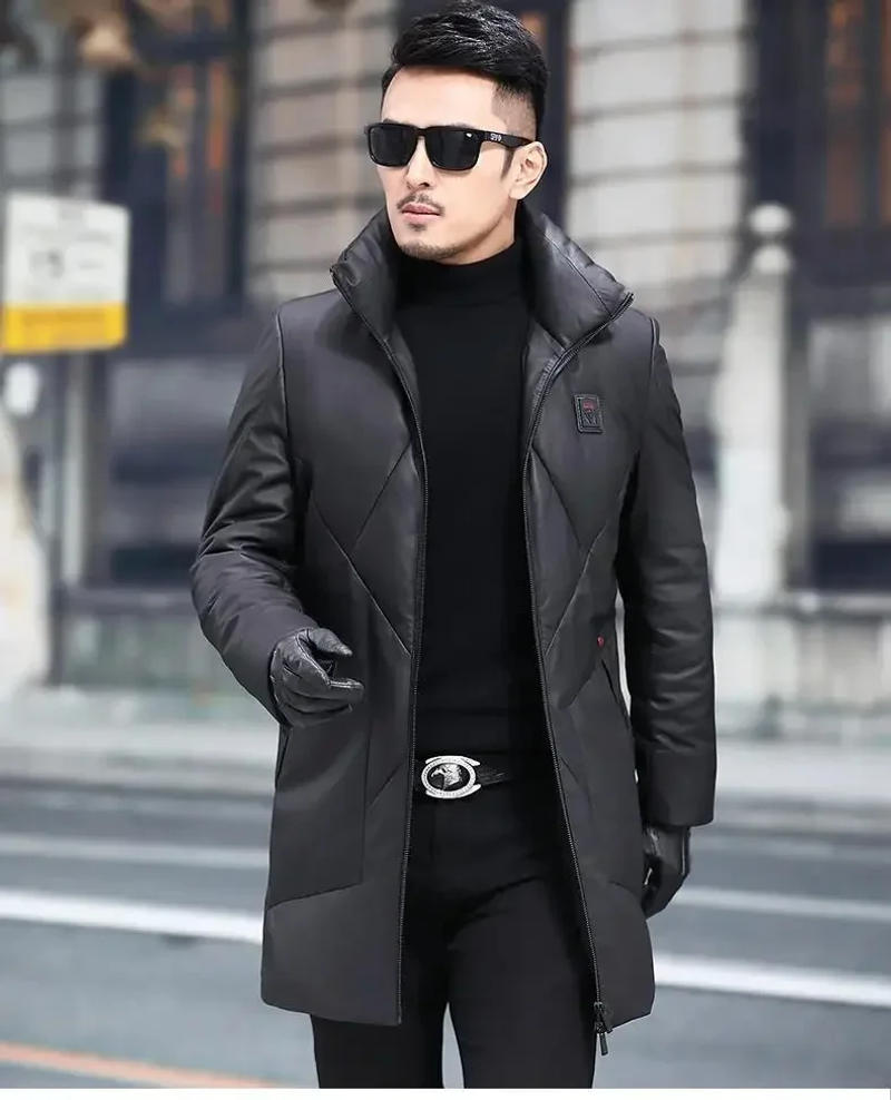 Description Picture 3 of itemGenuine Leather Jacket Men Winter Down Jackets Men's Mid Long Standing Collar Natural Sheepskin Trenchcoat Male Thick Warm Coats
