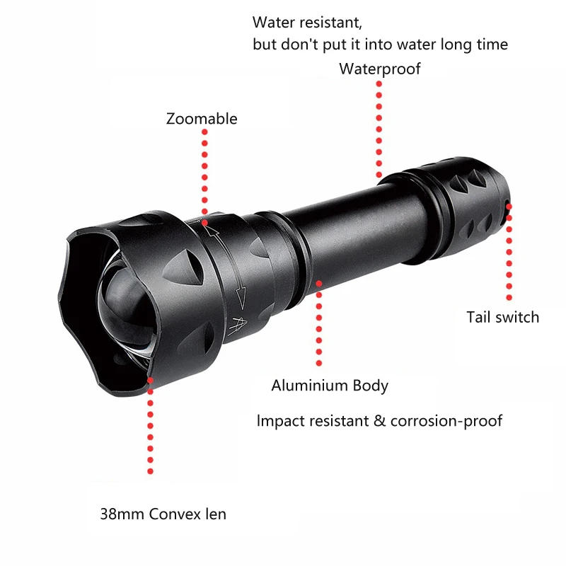 Description Picture 3 of item200 Yards  IR Flashlight 940nm Night Vision Zoomable Torch Outdoor LED Tactical Hunting Torch+18650+Charger+Mount+Switch+Box