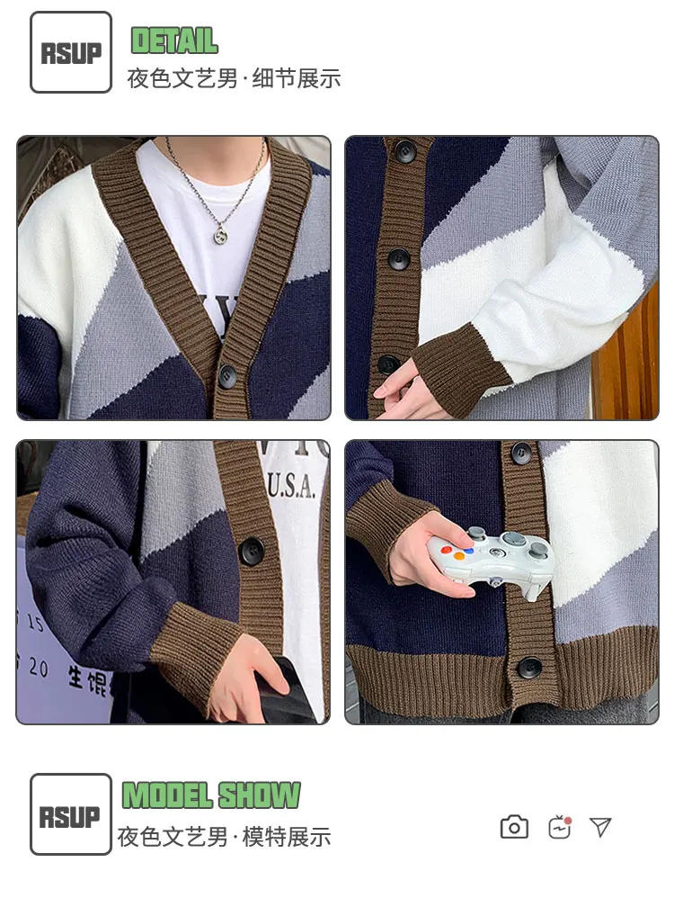 Description Picture 3 of item2024 Men Cardigan Autumn Male Outwear Mens Sweaters V-neck Retro Japanese Contrast Color Casual Oversized Loose Sweater Z53