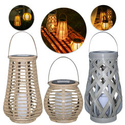 Solar Rattan Lantern Outdoor Solar Light Hanging Bamboo Lamp with Handle Solar Powered Decorative Candle Light Garden Decoration