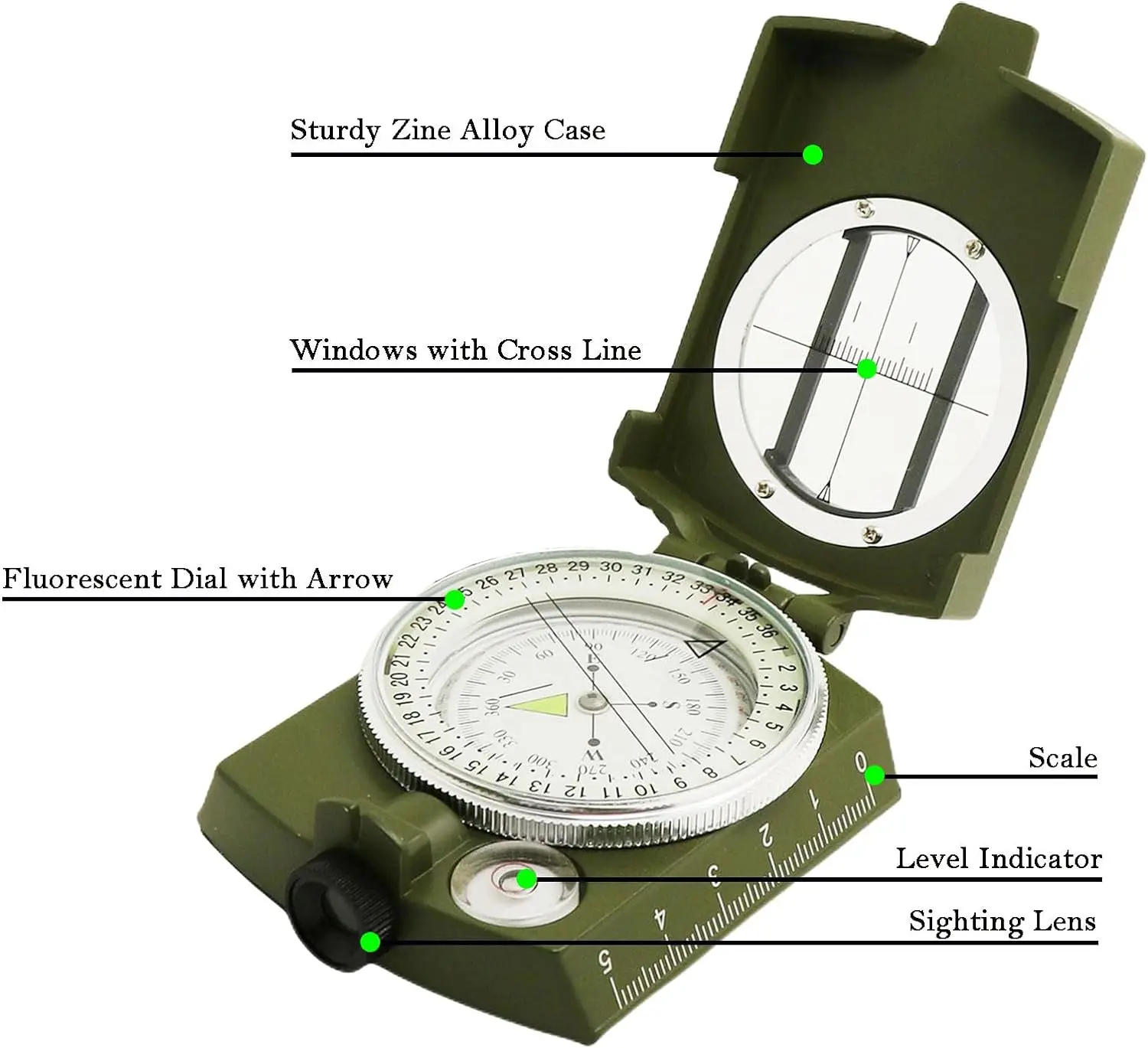 Description Picture 3 of itemTactical Survival Compass High Precision Professional Metal Sight Compass Luminous for Outdoor Hiking Climbing Exploring Geology