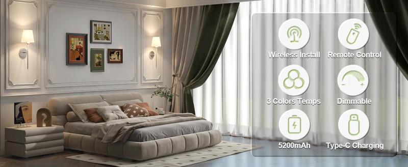 Description Picture 2 of item2 Packs Wall Lights Battery Operated Wall Sconces, Gold Wireless Wall lamp with Remote, 9 Colors Modes Rechargeable