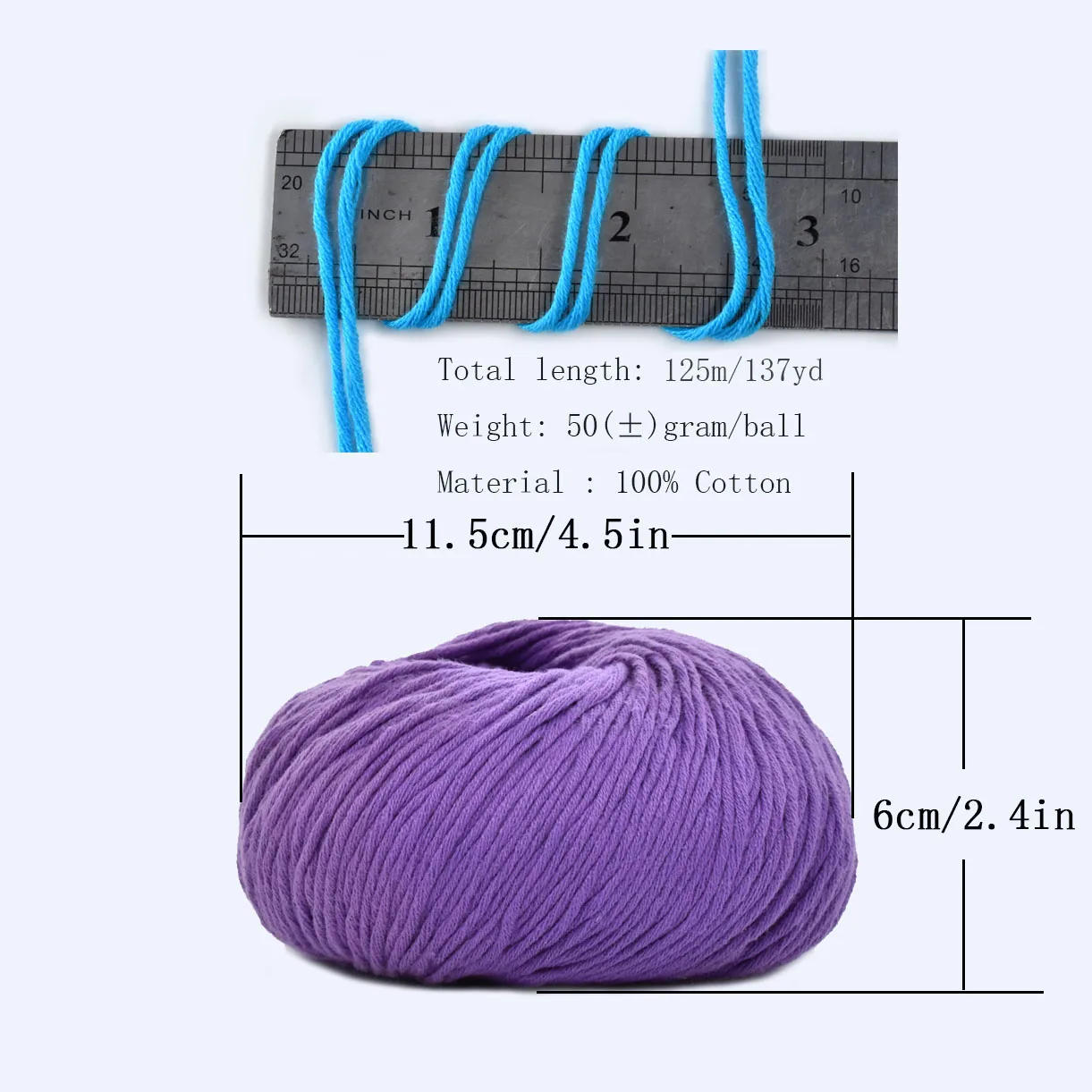 Description Picture 5 of item10pcs Wholesale 100% Cotton Wool Yarn Soft Combed Hand Knitting Crochet Natural Pure Color Thread Smooth Yarn 50g 125m/137yd