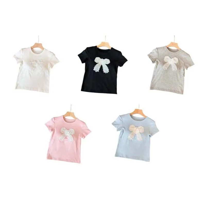Description Picture 3 of itemFashion Cotton Korean Bow T-shirts With Chest Pads Bowknot Y2K Crop Tops Korean Style Embroidered Short Shoulder Tops Summer