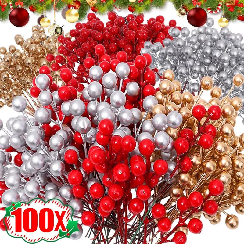 Description Picture 4 of itemArtificial Christmas Red Berries Branches 7 Heads Holly Berry Stems DIY Crafts Wreath Xmas Tree Decorations New Year Party Decor
