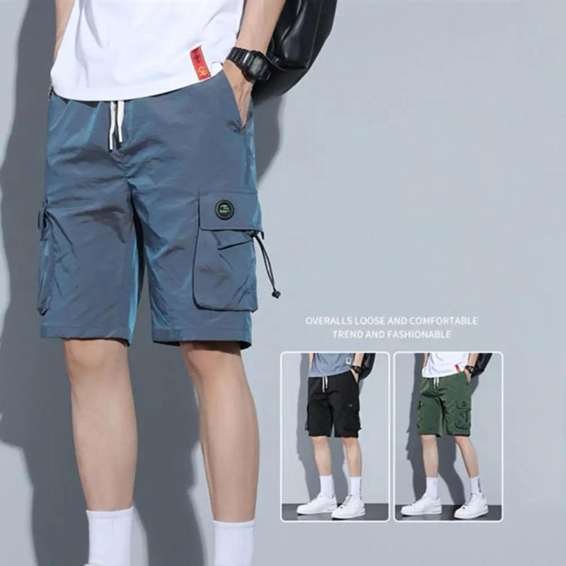 Description Picture 2 of itemMen Summer Shorts Elastic Waist Adjustable Drawstring Ice Silk Casual Shorts Wide Leg Gradient Color Multi Pockets Cargo Shorts